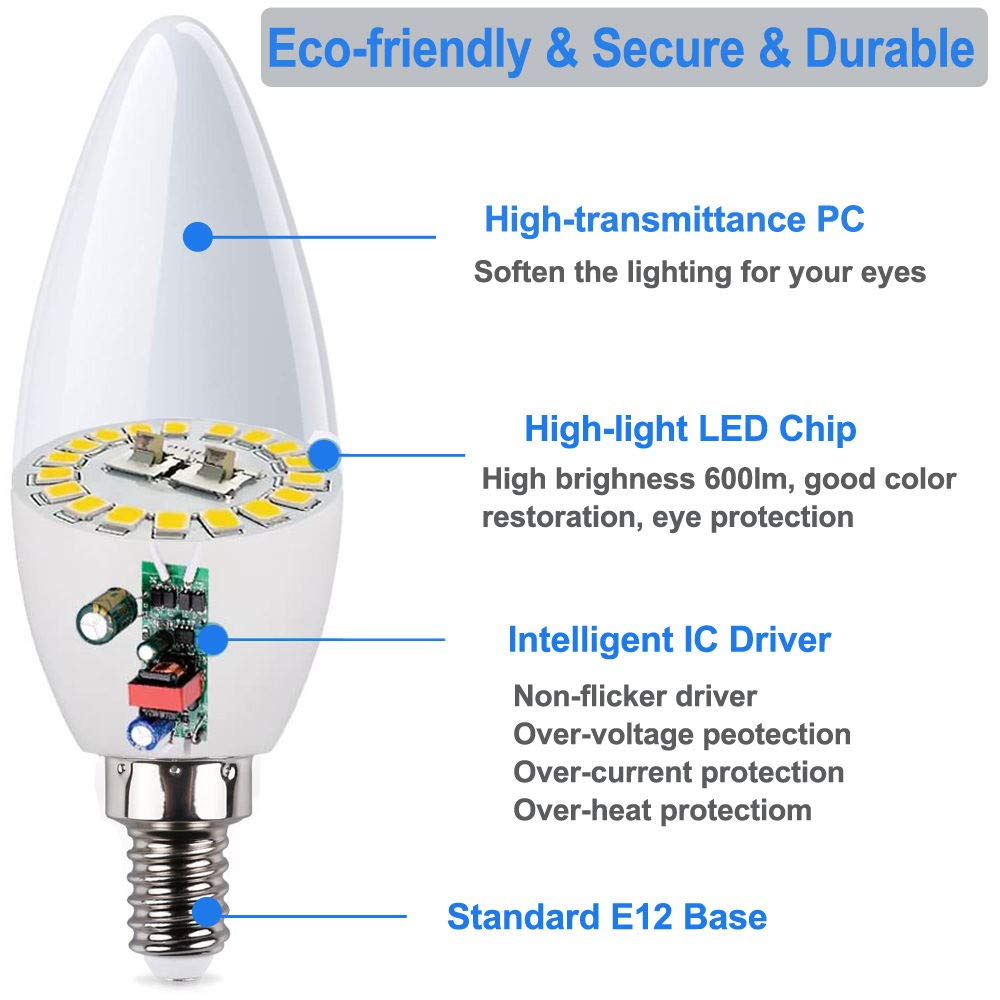 Vinaco E12 LED Bulb, 2 Pack E12 Candelabra Bulb 40 Watt Warm White 3000K, High Brightness 400LM & 25000+ Long Lifespan E12 Bulb, E12 Candelabra Base, E12 Light Bulb Great for Ceiling Fan Light Bulb