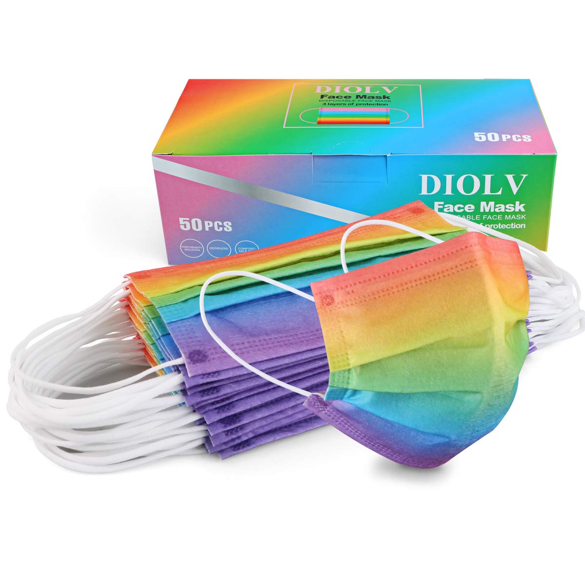 DIOLV Disposable Face Mask Adult 3 Layer Mens Breathable Facemask Womens Facial Masks for Indoor Outdoor 50Pcs/Pack Earloop, Colorful