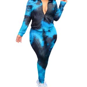 KANSOON Women Jogging Suit Set Textured 2 Piece Outfit Long Sleeve Zipper Jacket + Bodycon Pants Track Suits Sets Blue Black L