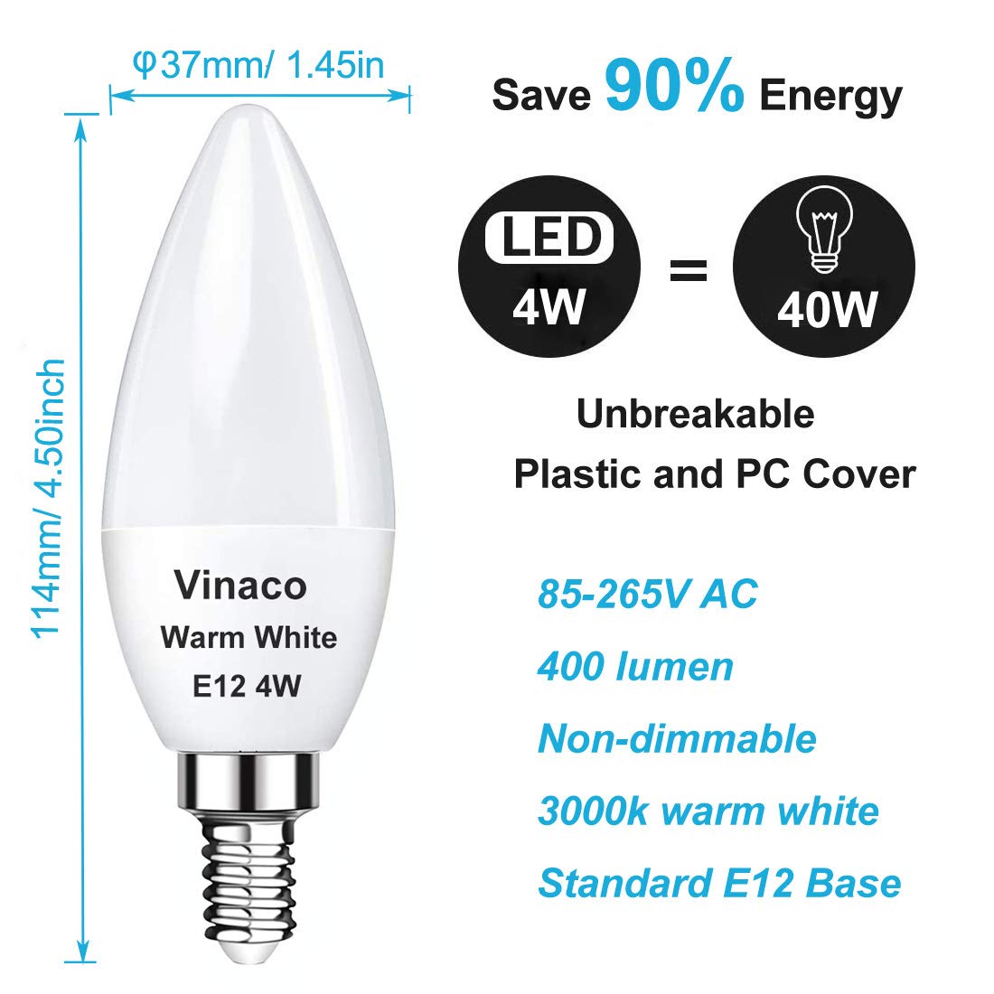 Vinaco E12 LED Bulb, 2 Pack E12 Candelabra Bulb 40 Watt Warm White 3000K, High Brightness 400LM & 25000+ Long Lifespan E12 Bulb, E12 Candelabra Base, E12 Light Bulb Great for Ceiling Fan Light Bulb