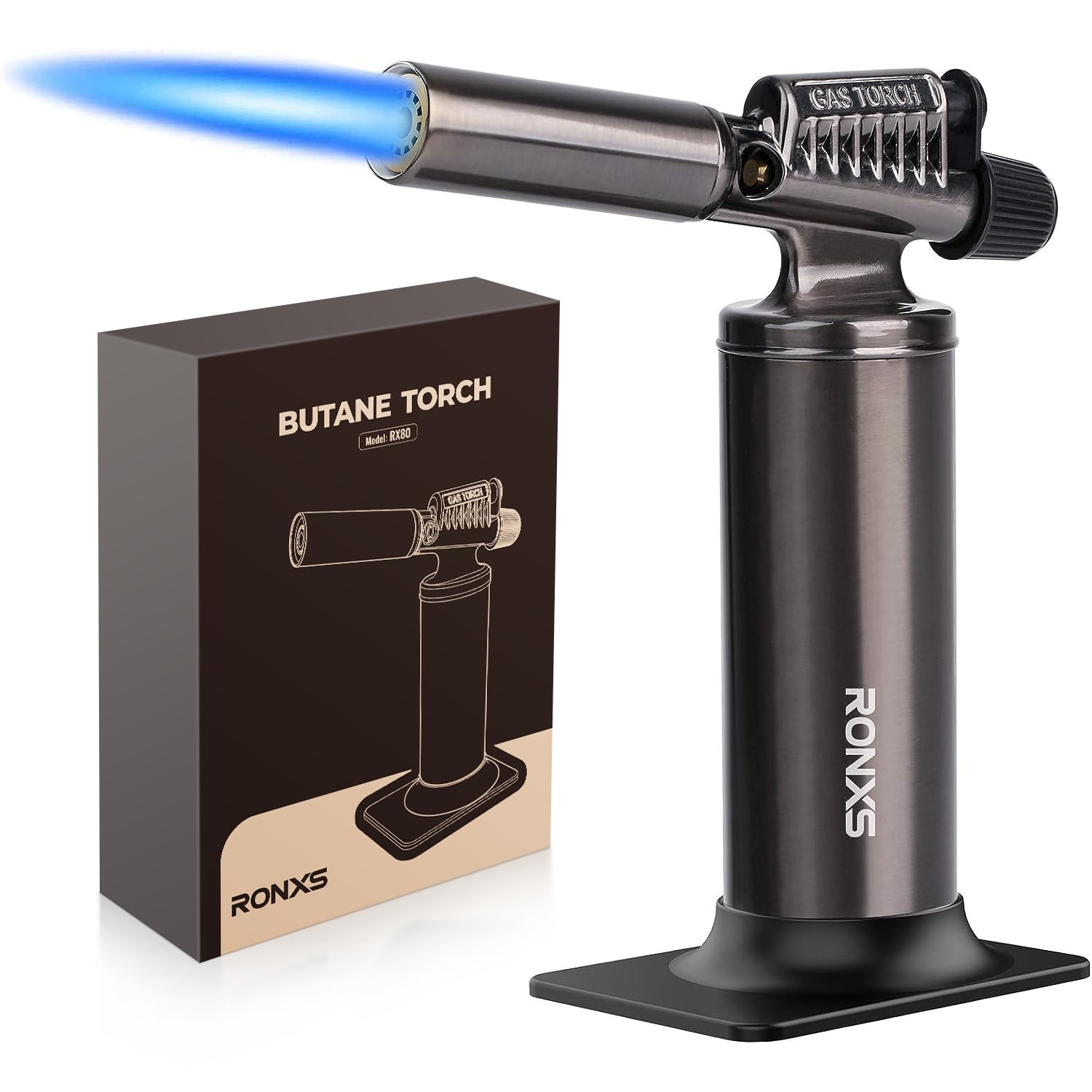 RONXS Butane Torch, Torch Lighter with 25g Large Gas Capacity, Refillable Blow Torch with Max 6'' Big Continuous Adjustable Flame, Industrial Soldering Torch for Cooking DIY Crafts (Gas Not Included)