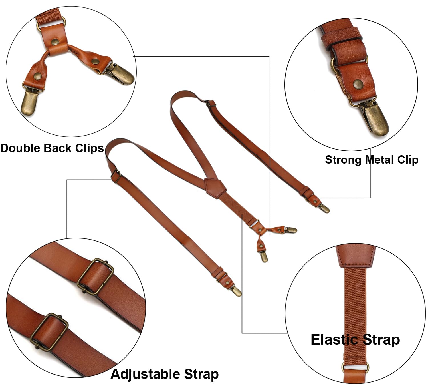 RC ROCKCOW Genuine Leather Suspenders for Men, Y Design Leather Suspenders with 4 Metal Clips, Groomsmen Gift for Wedding