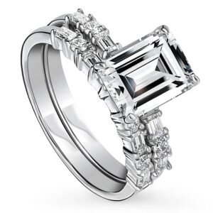 berricle sterling silver solitaire wedding engagement rings 2.1 carat emerald cut cubic zirconia cz art deco ring set for women, rhodium plated size 6