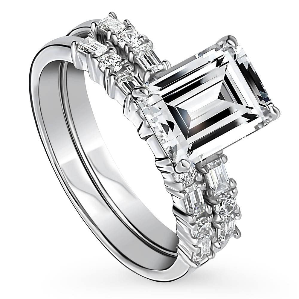 BERRICLE Sterling Silver Solitaire Wedding Engagement Rings 2.1 Carat Emerald Cut Cubic Zirconia CZ Art Deco Ring Set for Women, Rhodium Plated Size 5