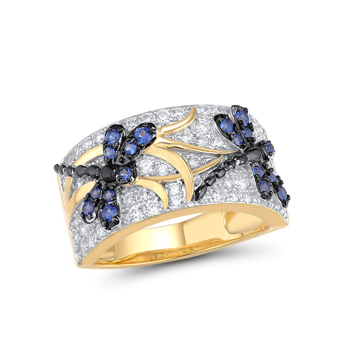 Santuzza 14K Gold Plated Dragonfly Ring Cubic Zirconia Blue Spinel 925 Sterling Silver Ring for Women (6.5)