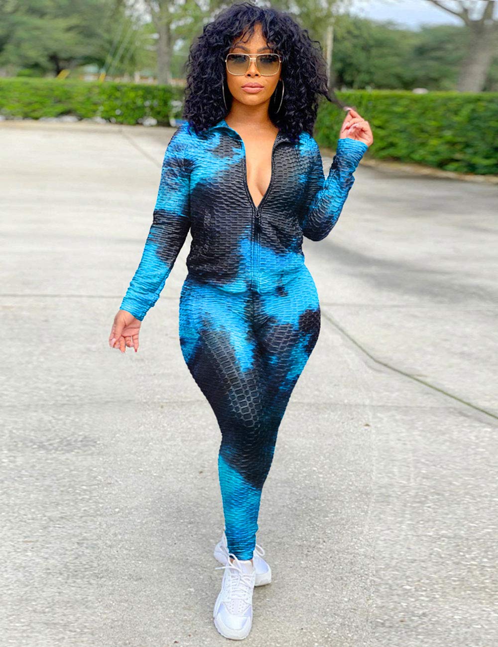 KANSOON Women Jogging Suit Set Textured 2 Piece Outfit Long Sleeve Zipper Jacket + Bodycon Pants Track Suits Sets Blue Black L