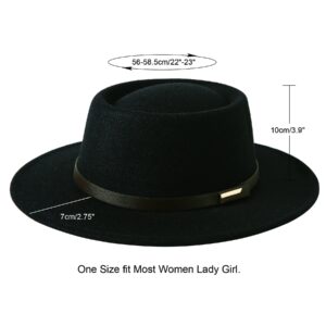 Lanzom Women Vintage Wide Brim Warm Wool Fedora Hat Belt Panama Hat Felt Jazz Hat (A-Black, Medium)