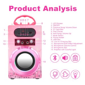 Kidsonor Kids Bluetooth Karaoke Machine with 2 Microphones, Wireless Rechargeable Remote Control Portable Karaoke Speaker Music MP3 Player Loudspeaker with Microphones for Kids (Pink)