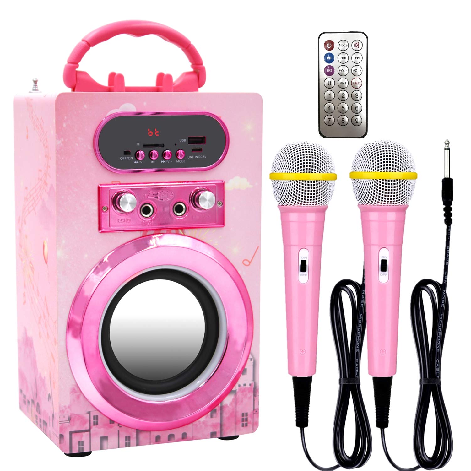 Kidsonor Kids Bluetooth Karaoke Machine with 2 Microphones, Wireless Rechargeable Remote Control Portable Karaoke Speaker Music MP3 Player Loudspeaker with Microphones for Kids (Pink)