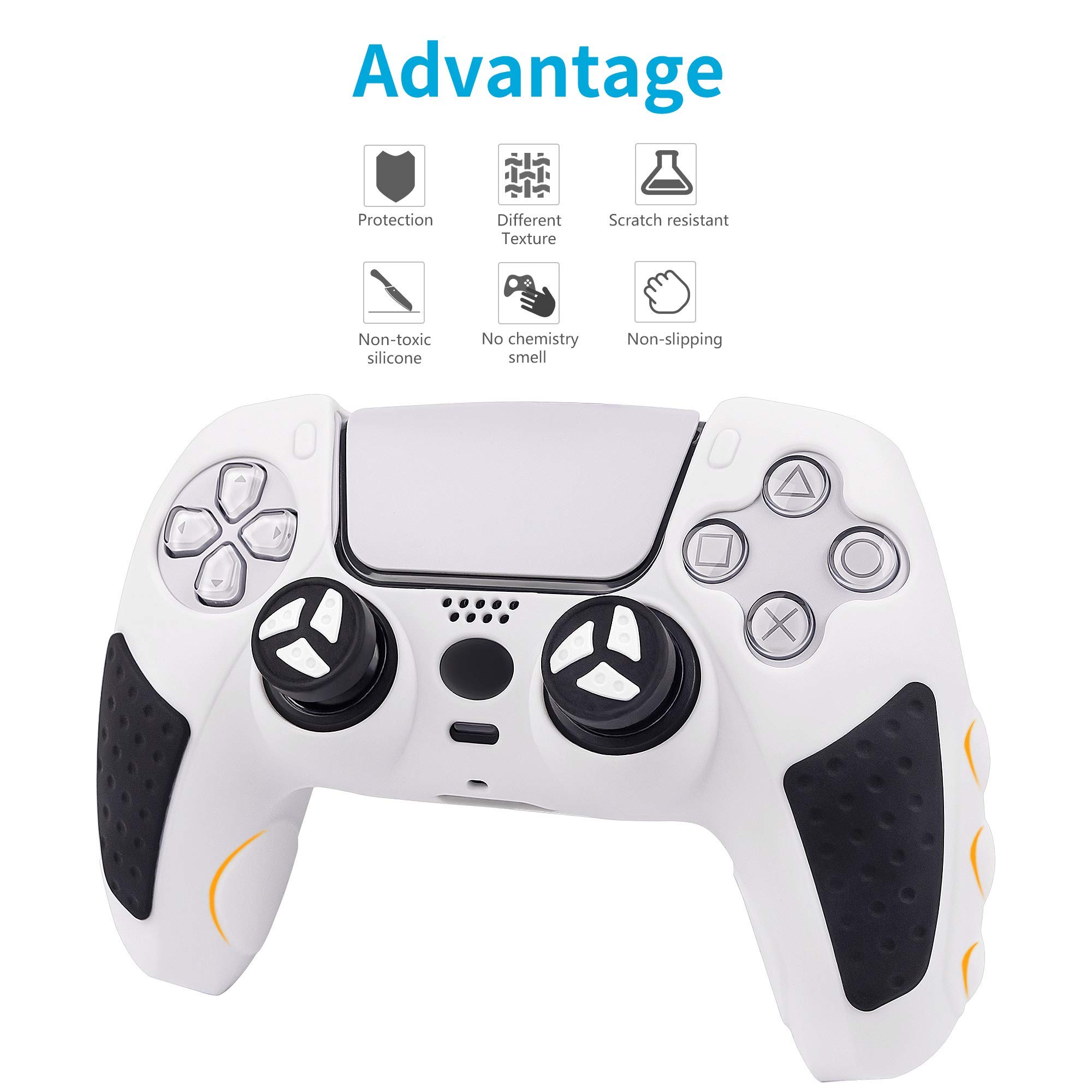 CHIN FAI PS5 Controller Grip Cover, Anti-Slip Silicone Skin Protective Cover Case for PlayStation 5 DualSense Wireless Controller with 6 Thumb Grip Caps (White-Black)