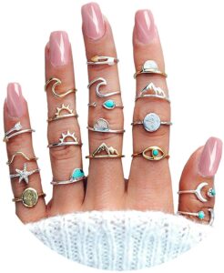 csiyanjry99 19pcs boho retro stackable rings sets for women,peak sea wave compass turquoise knuckle finger rings