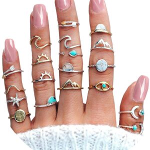 CSIYANJRY99 19Pcs Boho Retro Stackable Rings Sets for Women,Peak Sea Wave Compass Turquoise Knuckle Finger Rings