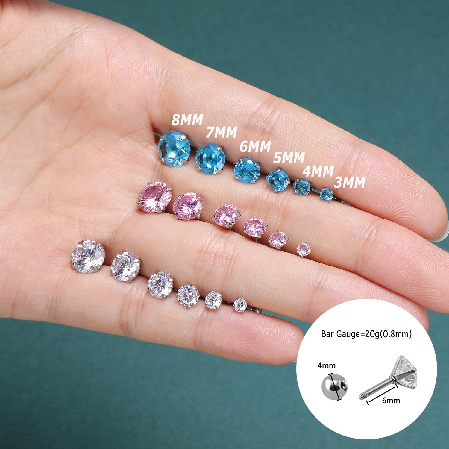 4 Pairs Shiny Cubic Zirconia Surgical Steel Stud Earrings Set for Girls, 20G Cartilage Tragus Helix Conch Piercing Sets for Women (Round,CZ Size 4mm)