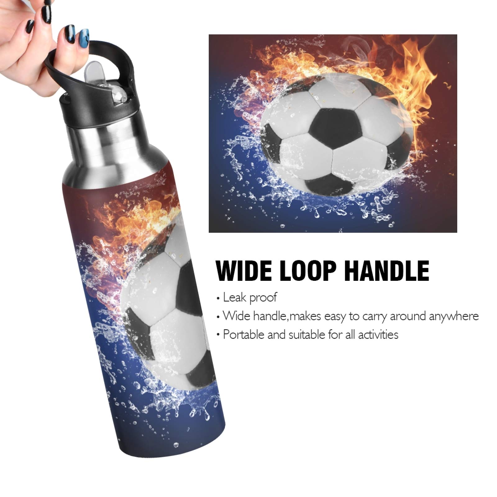 Space Fire Water Soccer Water Bottle Vacuum Insulated Stainless Steel Thermos Mug Kids Water Bottle with Straw and Handle Keep Hot Cold Sport Bike Fit Travel Outdoor 20 oz