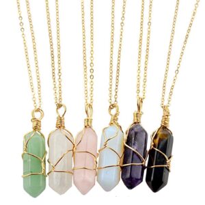 6 Pcs Hexagonal Crystal Pointed Quartz Natural Colorful Wire Wrapped Gemstone Stone Pendant Adjustable Necklace Friendship Couple Jewelry for Women-gold