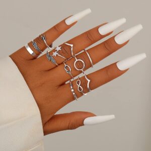 YOOESTORES82 12-20 Pcs Boho Silver Knuckle Ring Set Star Moon Wave Feather Stackable Rings Vintage Turquoise Multiple Midi Finger Ring Sets for Women (A)