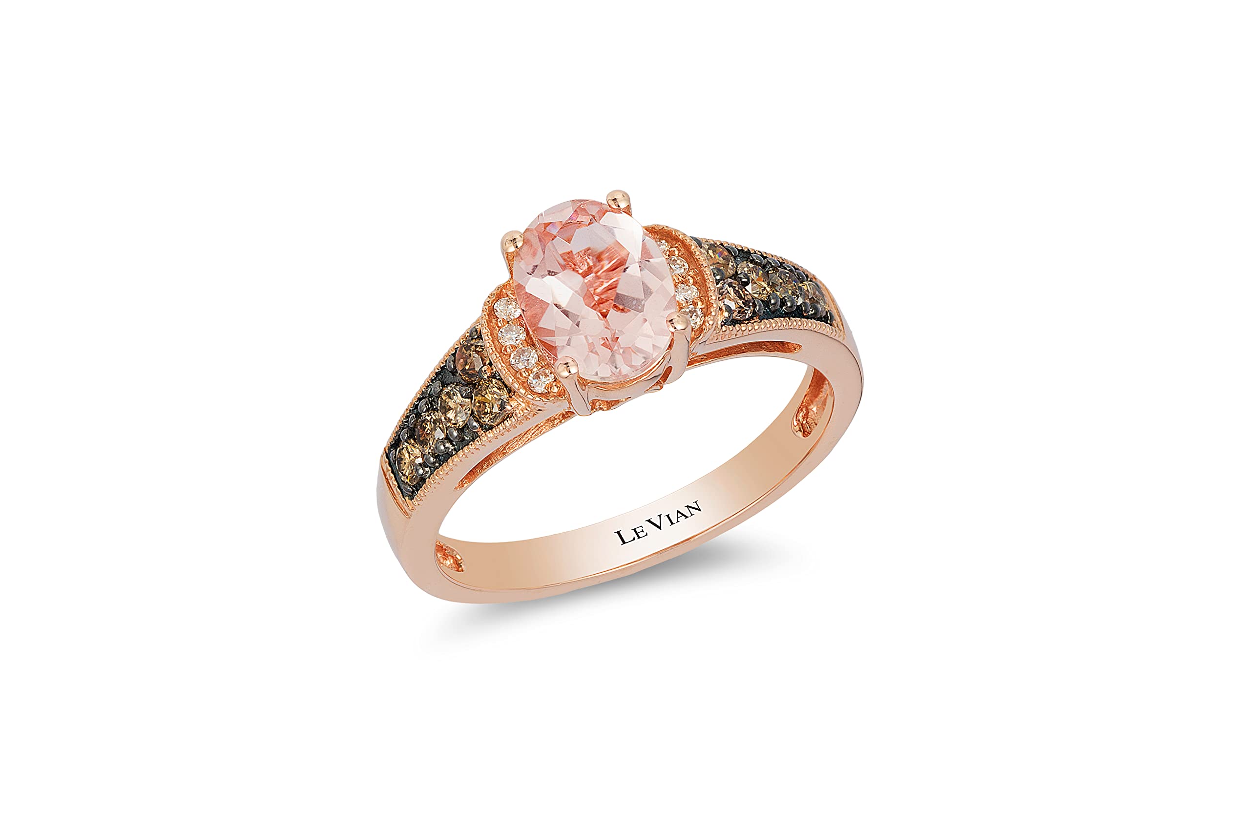 LE VIAN 1/4 Carat Diamond and 0.90 Carat Oval Morganite Milgrain Ring for Women in 14k Rose Gold (Fancy Brown/H-I, SI1-SI2, cttw) Promise Anniversary Ring Size 8.5 by LeVian