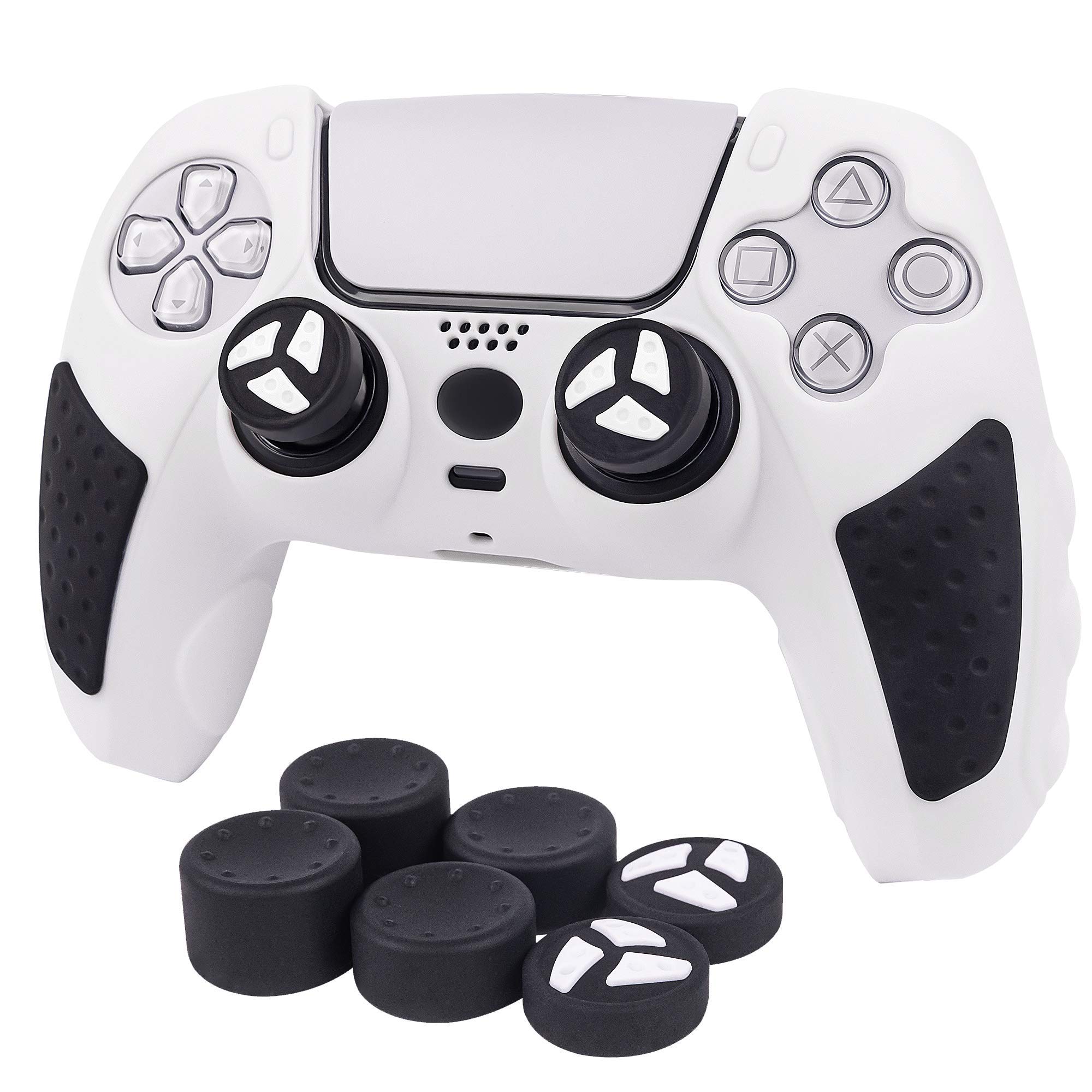 CHIN FAI PS5 Controller Grip Cover, Anti-Slip Silicone Skin Protective Cover Case for PlayStation 5 DualSense Wireless Controller with 6 Thumb Grip Caps (White-Black)