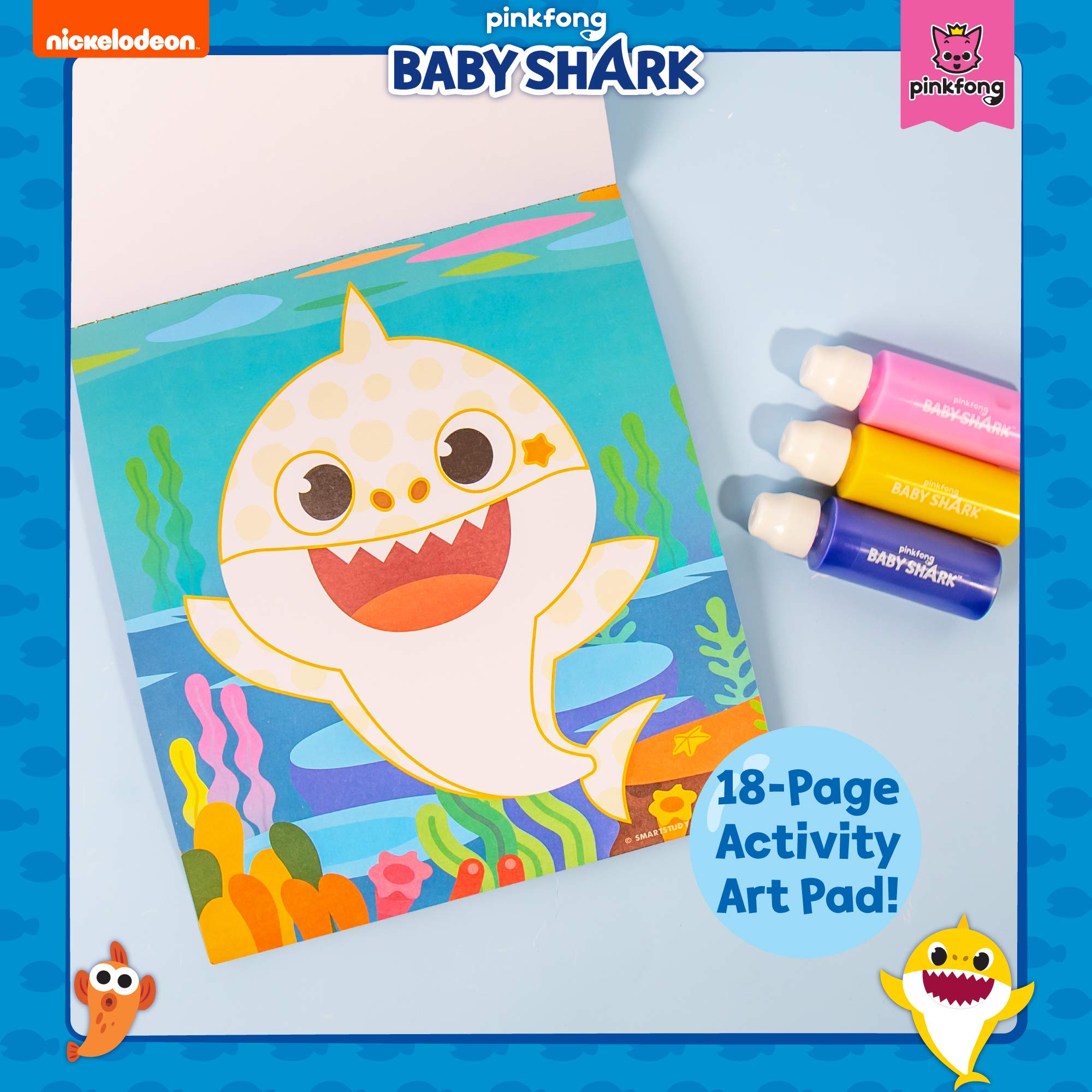 Horizon Group USA Baby Shark Dot Art Pad, Paint and Decorate a Baby Shark Coloring Book with 18 Pages, Includes 3 Dot Markers for Less-Mess Painting, Baby Shark Art Set, Baby Shark Arts and Crafts