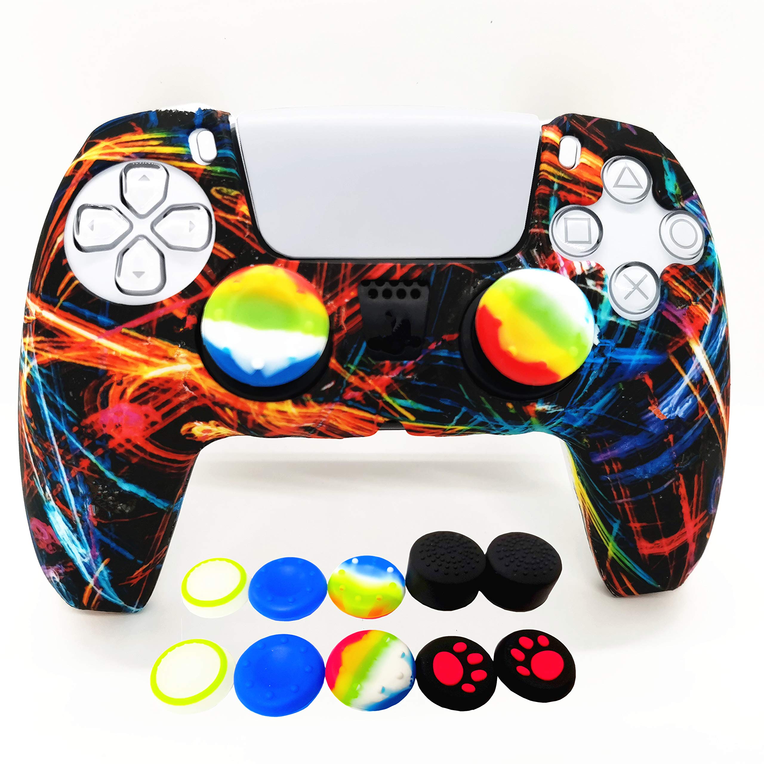 Skin for PS5 Controller Grips, Silicone Case Cover for Playstation 5 Anti-Slip Protector with 10pcs Thumb Joysticks Caps (fireworks)