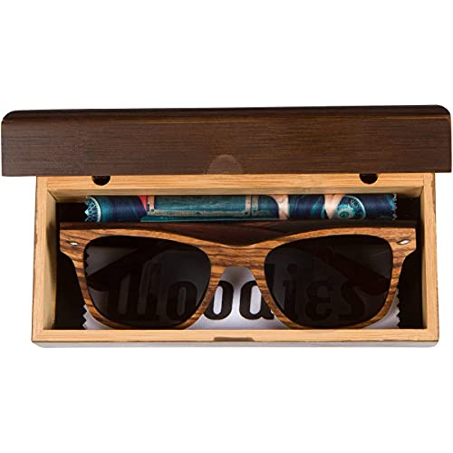 Woodies All Wood Zebra Wood Sunglasses with Polarized Lens and Bamboo Gift Box - Special Edition Engraved Wooden Arms