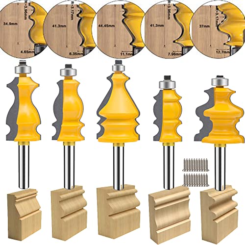 TAIWAIN 1/4 Inch Shank Router Bits, Architectural Cabinet Woodwork Milling Trimming Groving Cutter, Wood Miter Carbide CNC Cutting Tool for Doors&Tables Shelves DIY Woodwork(F-Line)