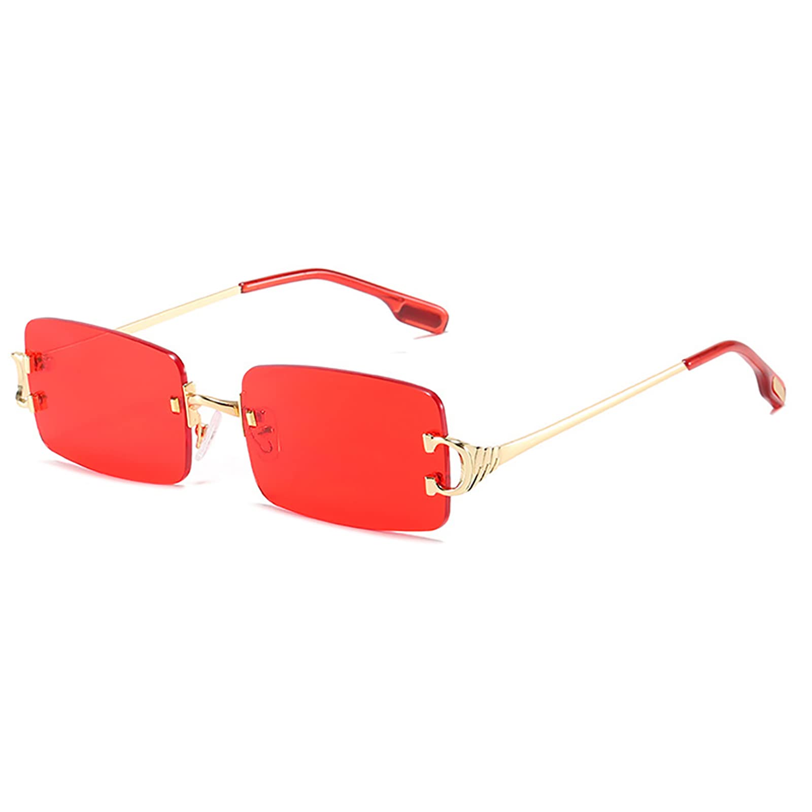 SDinm Rimless Sunglasses 90s Frameless Rectangle Tinted Lens Eyewear Red Sunglasses for Women Men