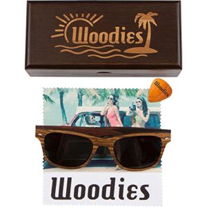 Woodies All Wood Zebra Wood Sunglasses with Polarized Lens and Bamboo Gift Box - Special Edition Engraved Wooden Arms