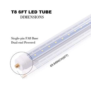 WAHADI 6-Pack 6FT 40W T8 LED Tube Light Daylight White 6000k with Dual-Row LED Chips FA8 Single Pin Base Clear Cover 6 Foot LED Bulbs to Replace T8 T10 T12 Fluorescent Light, ETL Listed