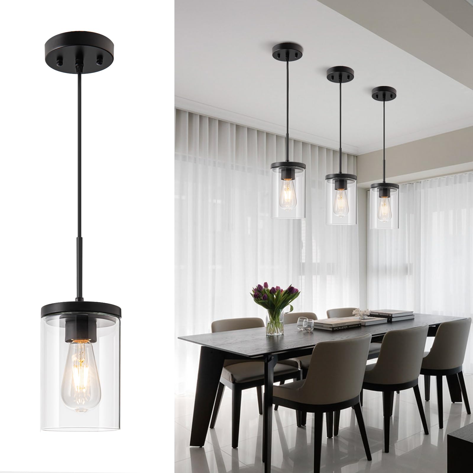 OUVR Black Pendant Light, Pendant Lights Kitchen Island with Clear Glass Shade, 1-Light Adjustable Hanging Light Fixture for Kitchen Island Living Room Bedroom Hallway