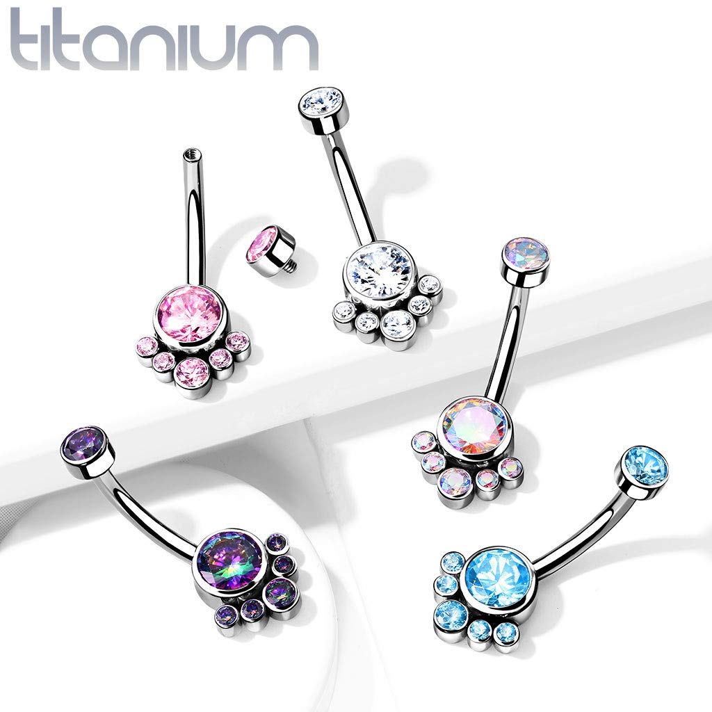 Dynamique Implant Grade Titanium Internally Threaded Top Round Bezel Set CZ Cluster Belly Button Ring (Sold Per Piece)