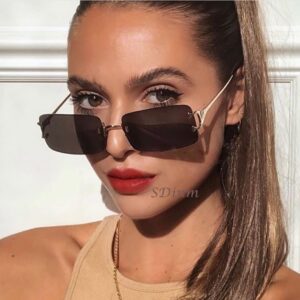 SDinm Rimless Sunglasses 90s Frameless Rectangle Tinted Lens Eyewear Red Sunglasses for Women Men