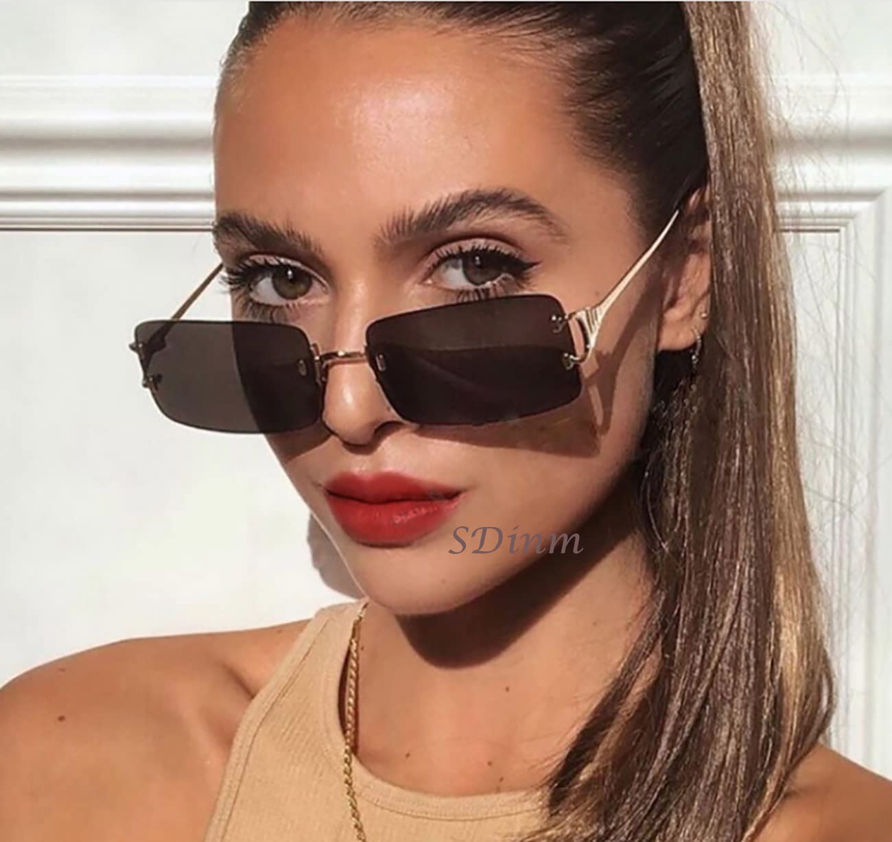 SDinm Rimless Sunglasses 90s Frameless Rectangle Tinted Lens Eyewear Red Sunglasses for Women Men