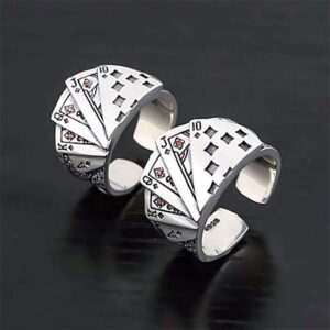 Punk Silver Plated Poker Ring Adjustable Ace of Spades Open Ring Gothic Hip Hop Playing Card Spades Poker Ring Jewelry for Women Men-B