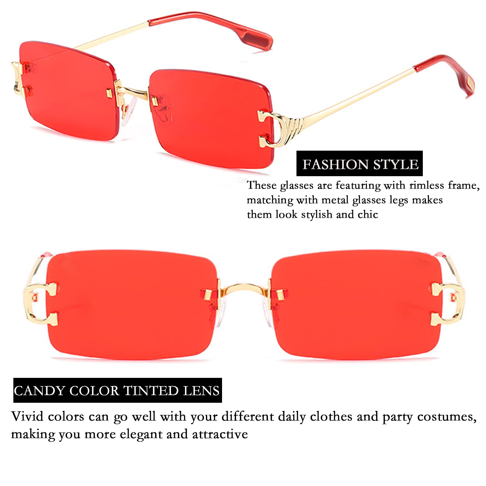 SDinm Rimless Sunglasses 90s Frameless Rectangle Tinted Lens Eyewear Red Sunglasses for Women Men