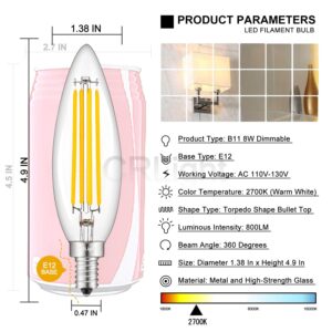 CRLight 8W High Brightness LED Candelabra Bulb 2700K Warm White, 80W Equivalent 800LM, E12 Dimmable LED Candle Bulbs, Upgraded Lengthened B11 Clear Torpedo Chandelier Light Bulbs, 8 Pack