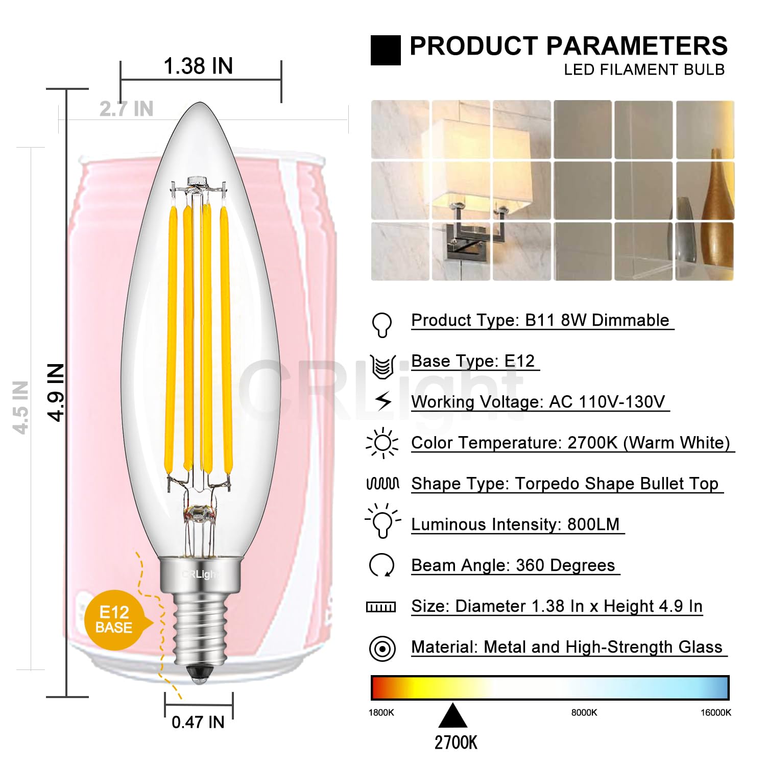 CRLight 8W High Brightness LED Candelabra Bulb 2700K Warm White, 80W Equivalent 800LM, E12 Dimmable LED Candle Bulbs, Upgraded Lengthened B11 Clear Torpedo Chandelier Light Bulbs, 8 Pack