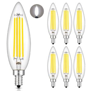 crlight 8w dimmable led candelabra bulb 4000k daylight white, 80w equivalent 800lm e12 led candle bulbs, upgraded lengthened b11 clear glass torpedo shape chandelier light bulbs, 6 pack