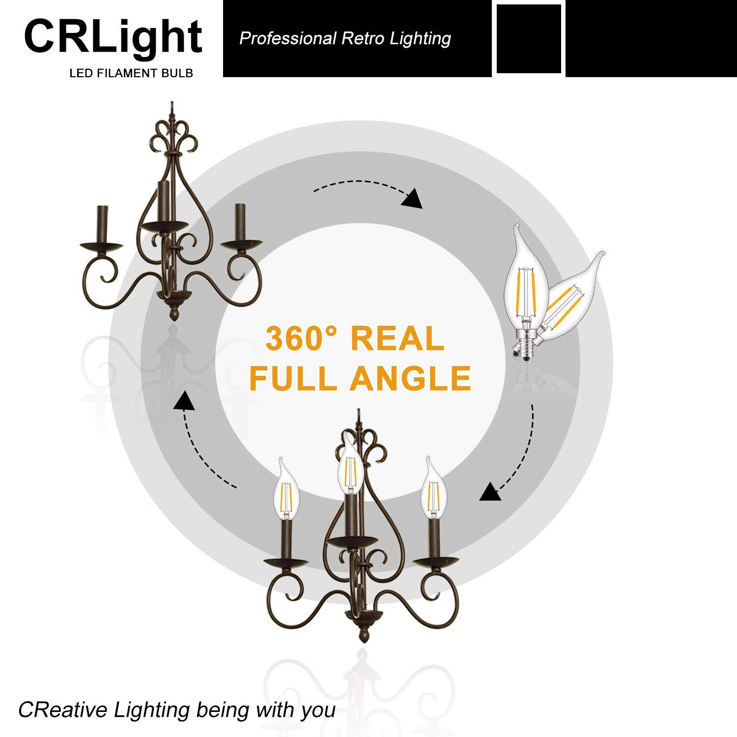 CRLight 2W 250LM Dimmable LED Candelabra Bulb 2500K Warm White, 25W Equivalent E12 LED Candle Bulbs, Antique CA11 Flame Shape Clear Chandelier Light Bulbs, 10 Pack