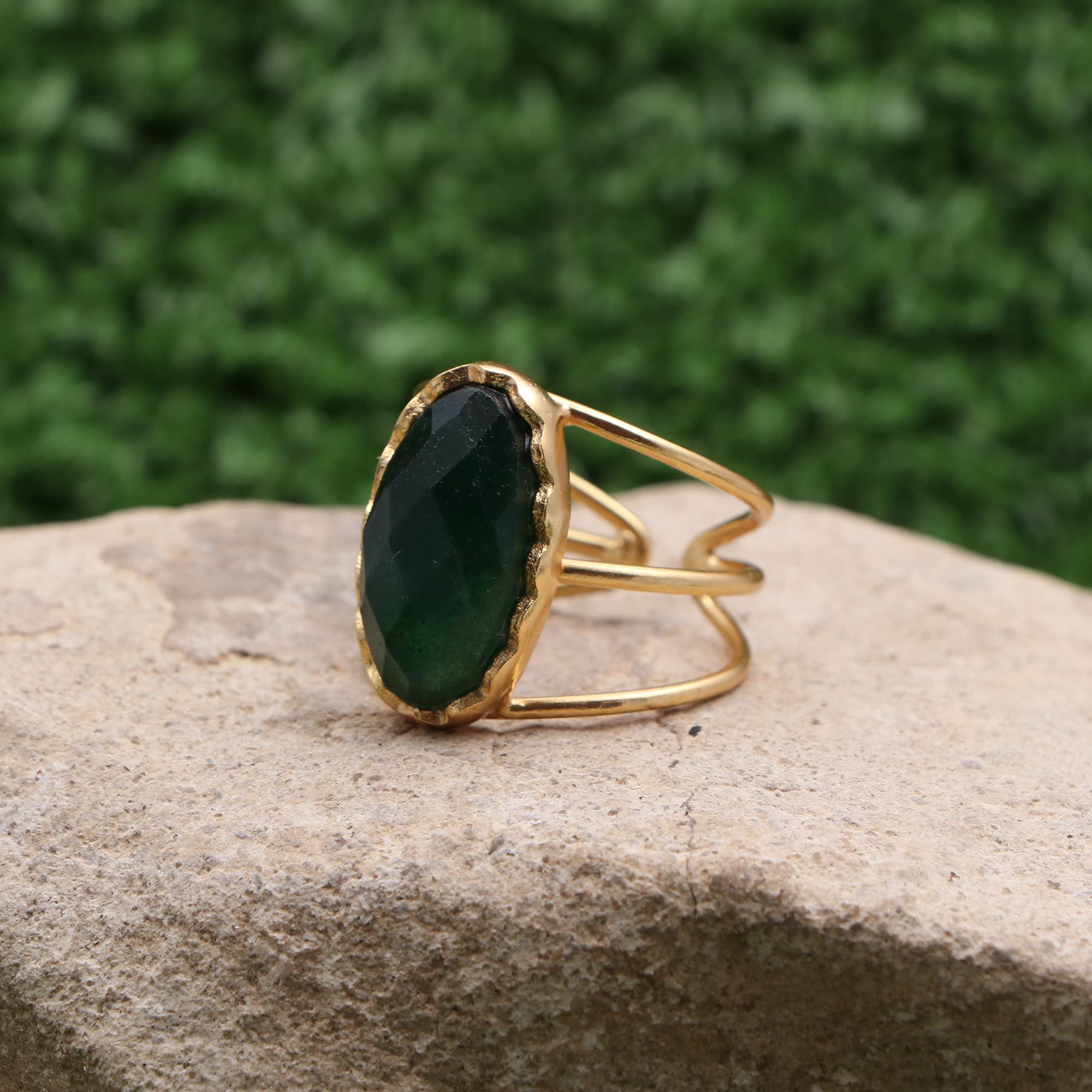 El Joyero Handmade Green Aventurine Oval Shape Gold Plated Rings Gemstone Adjustable Rings Jewelry EJ-1060