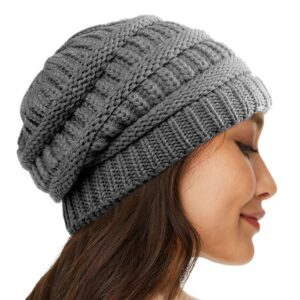 Womens Satin Lined Winter Beanie Hats Cable Knit Beanie for Men Silk Lining Thick Chunky Cap Soft Slouchy Warm Hat Dark Grey