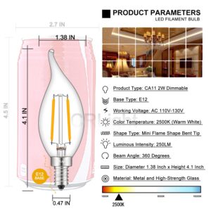 CRLight 2W 250LM Dimmable LED Candelabra Bulb 2500K Warm White, 25W Equivalent E12 LED Candle Bulbs, Antique CA11 Flame Shape Clear Chandelier Light Bulbs, 10 Pack