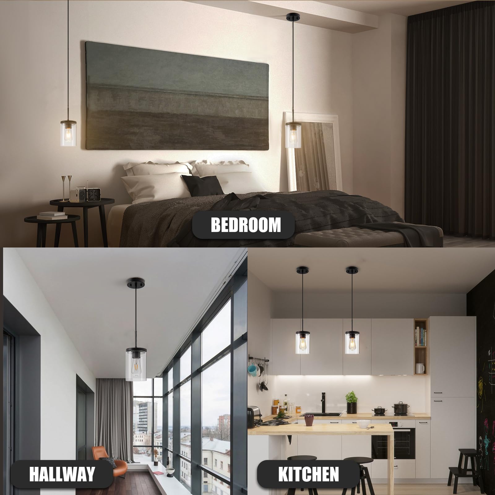 OUVR Black Pendant Light, Pendant Lights Kitchen Island with Clear Glass Shade, 1-Light Adjustable Hanging Light Fixture for Kitchen Island Living Room Bedroom Hallway