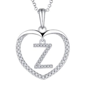 JO WISDOM Women Heart Necklace,925 Sterling Silver 26 Initial Letters Alphabet Z Pendant Necklace with 3A Cubic Zirconia Personalized Jewelry Gift