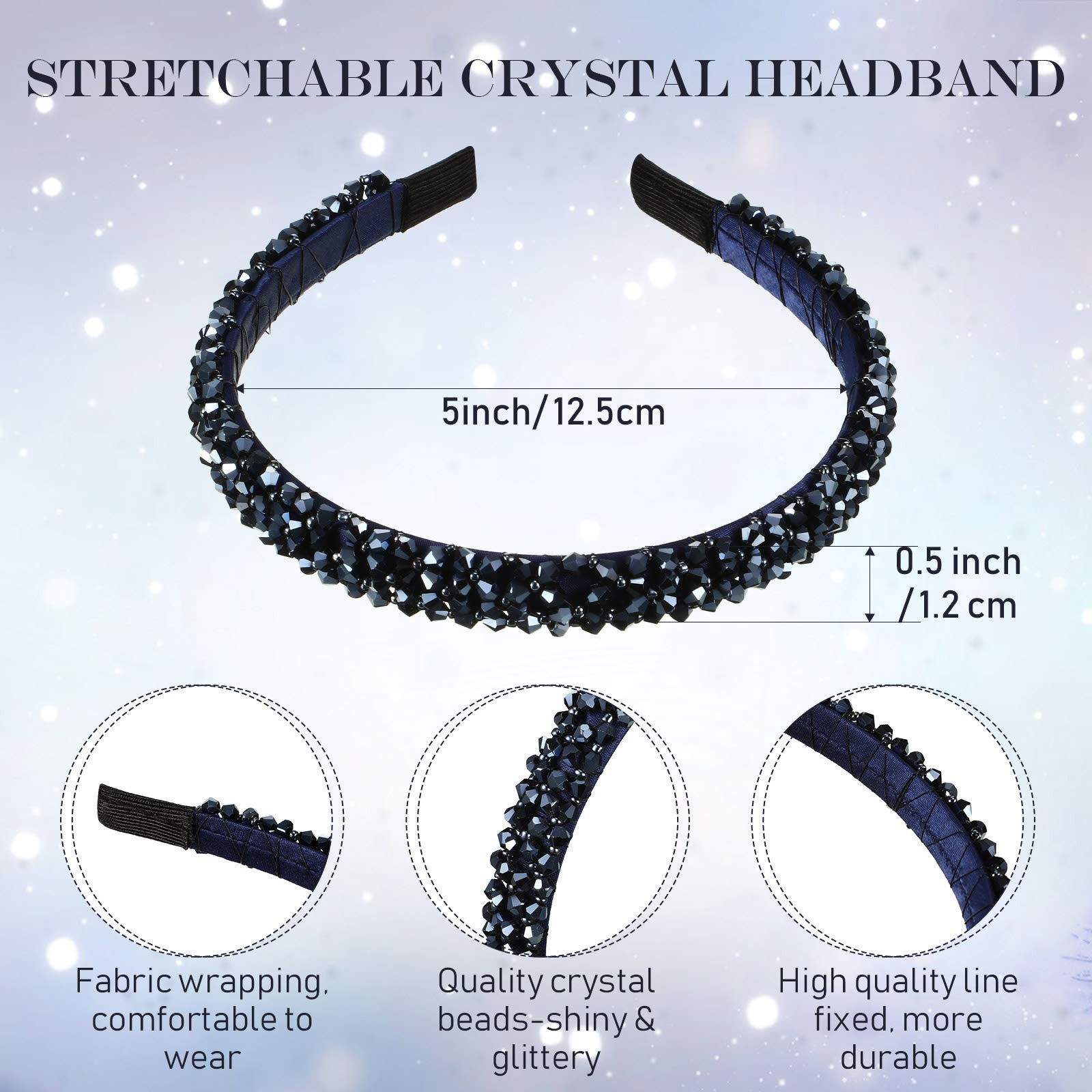 Crystal Rhinestone Beaded Headbands - 4 Pieces Shiny Non-Slip Bling Hair Accessories for Women and Girls (Purple, Black, Champagne, Navy Blue, 1.2 cm/ 0.5 Inch)