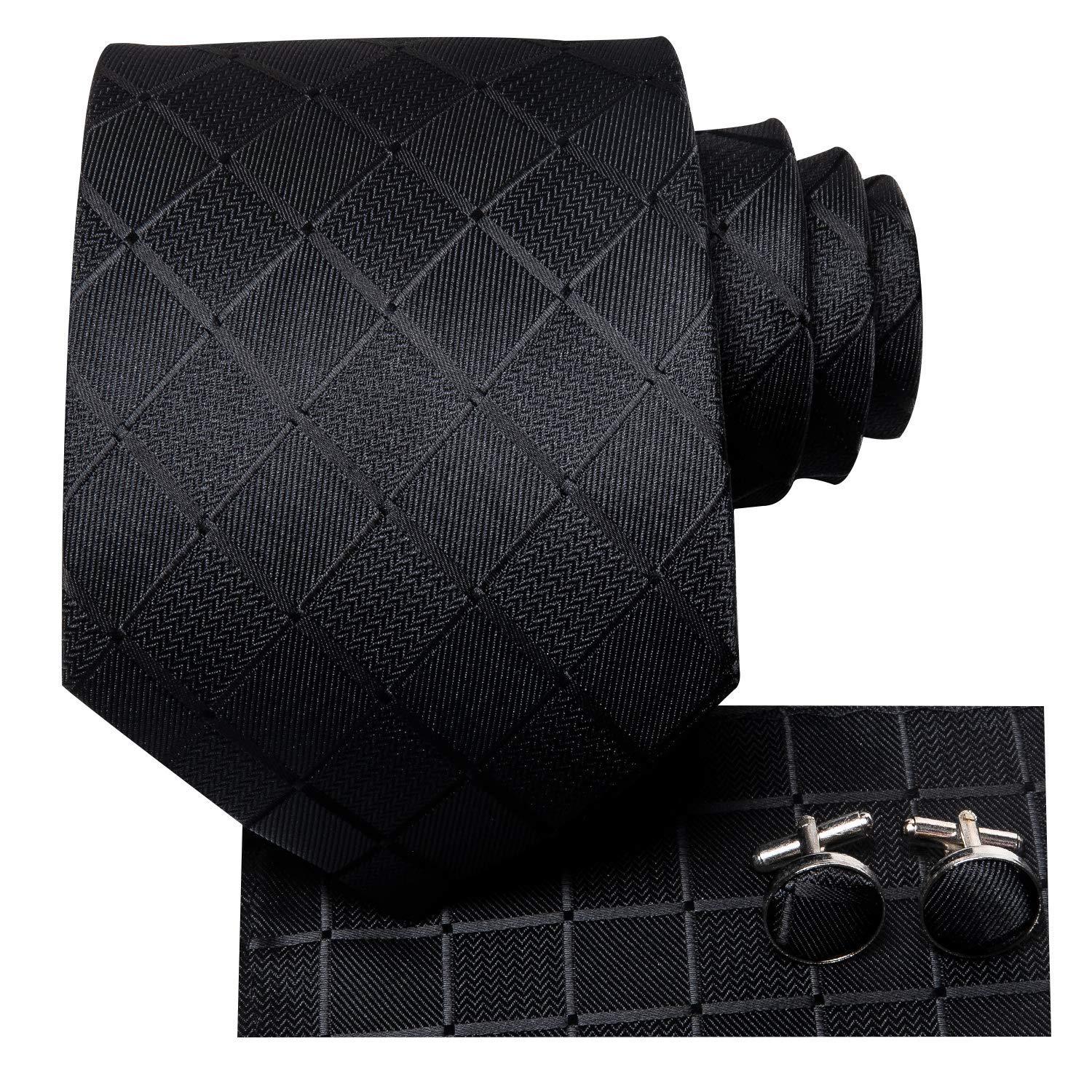 Hi-Tie 3/5 Pcs Gift Box Mens Tie Set Necktie with Pocket Square and Cufflinks Silk Neck Tie Collection,Black