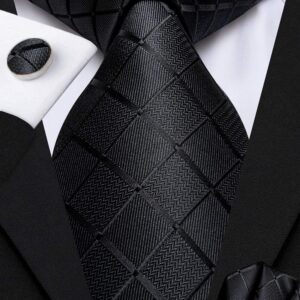 Hi-Tie 3/5 Pcs Gift Box Mens Tie Set Necktie with Pocket Square and Cufflinks Silk Neck Tie Collection,Black