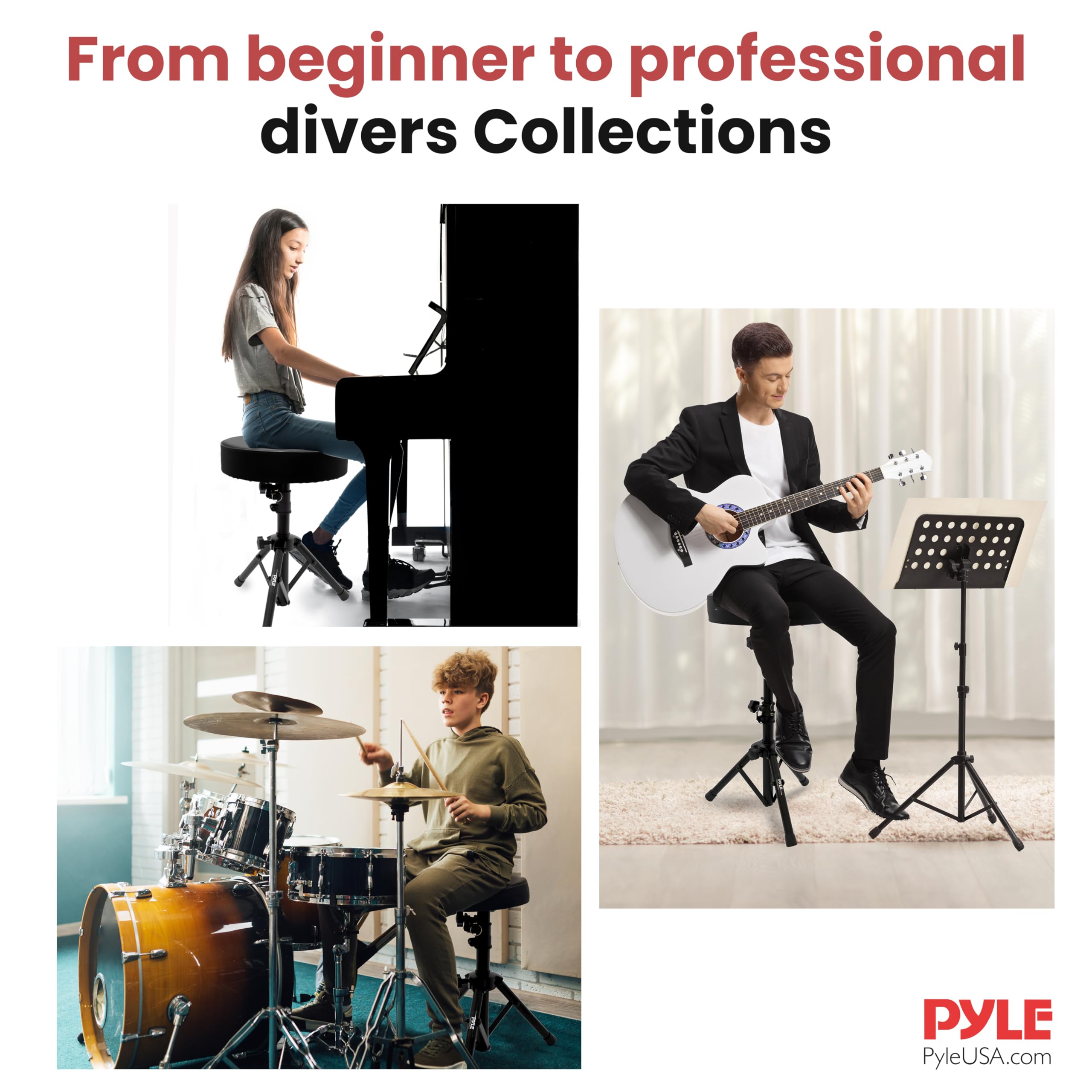 Pyle Padded Musician Stool-Drum/Guitar/Keyboard Performers Foldable Piano w/Height Adjustable Foot & Seat, Non-Slip Rubber Feet, Round Foam Cushion PKST54