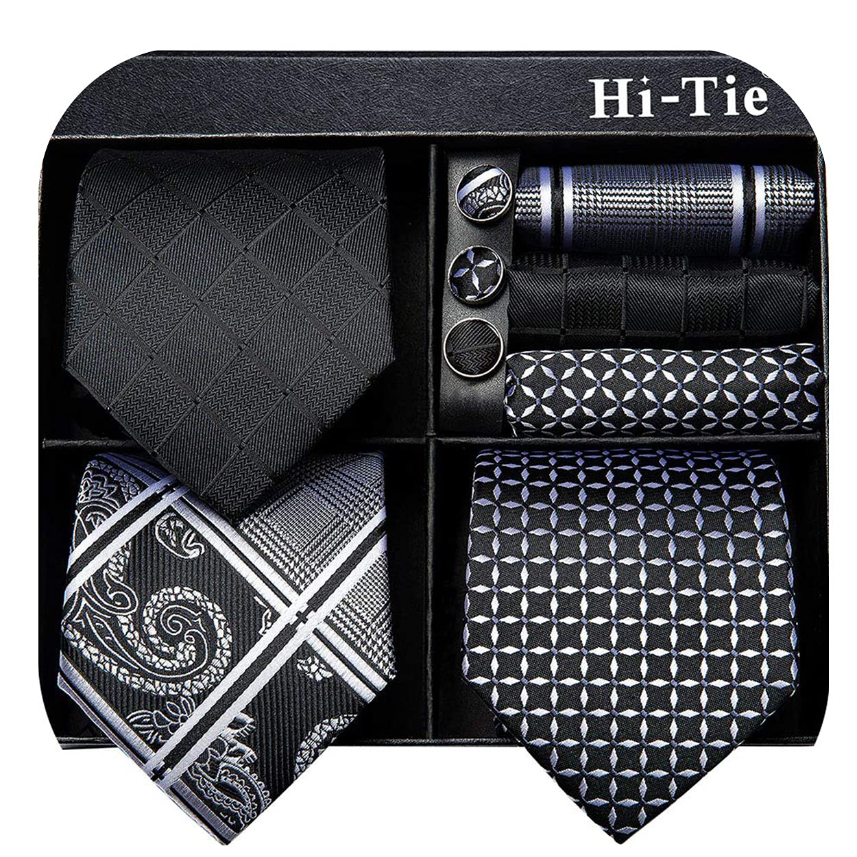 Hi-Tie 3/5 Pcs Gift Box Mens Tie Set Necktie with Pocket Square and Cufflinks Silk Neck Tie Collection,Black