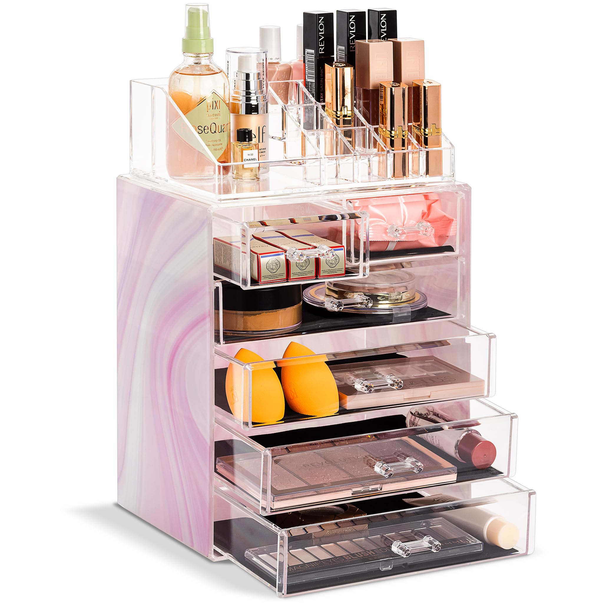 Sorbus Clear Cosmetic Makeup Organizer - Make Up & Jewelry Storage, Case & Display - Spacious Design - Great for Dresser, Bathroom, Vanity & Countertop (4 Large, 2 Small Drawers) [Tie Dye Print]